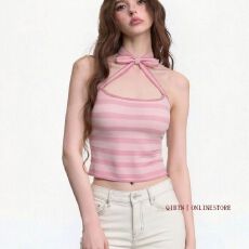 批发美式粉色条纹蝴蝶结挂脖吊带背心2026夏季女装修身显瘦高级短上