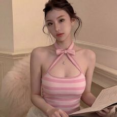 批发韩系漂亮粉色挂脖吊带背心女初夏小个子巨辣外穿独特漂亮无袖上