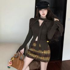批发纯欲<b class='q'>长</b>袖针织毛衣小开衫女春秋套装格子包臀短裙两件套 秋款上新