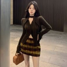 批发纯欲<b class='q'>长</b>袖针织毛衣小开衫女春秋套装格子包臀短裙两件套 早秋新款