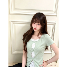 法式碎花假两件镂空正肩短袖t恤女装夏季休闲设计感修身别致上衣
