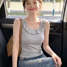 批发韩系灰色荷叶边u领无袖小吊带女<b class='q'>夏季</b>修身设计感外穿短款背心上衣