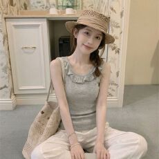 批发辣妹绝美灰色荷叶边无袖吊带背心女<b class='q'>夏季</b>韩系chic别致外穿漂亮上