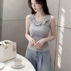 批发小众设计感花边领灰色无袖背心女2026年新款修身显瘦气质上衣夏