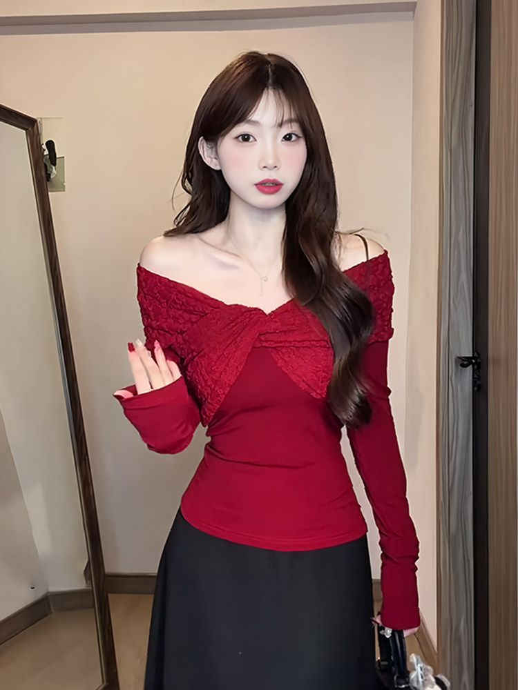 韩系气质蕾丝拼接打底衫女冬季扭结修身内搭纯欲上衣当季热卖