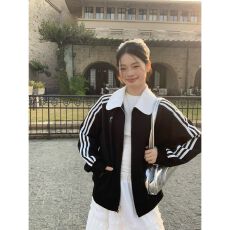 批发纯棉华棉复合韩系立领黑色开衫卫衣外套女秋季新款拉链上衣<b class='q'>夹克</b>