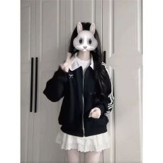 批发纯棉华棉复合韩系复古立领黑色开衫卫衣外套女宽松春季上衣<b class='q'>夹克</b>