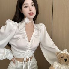 批发抽绳<b class='q'>衬衫</b>女春秋法式v领气质<b class='q'>长袖</b><b class='q'>衬衣</b>设计感小众短款上衣 上新款