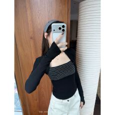 批发人棉260克 秋冬条纹打底衫内搭假两件长袖T恤女短上衣 <b class='q'>新款</b>上市