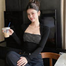 批发人棉260克 秋冬条纹打底衫内搭假两件长袖T恤女短上衣 应季<b class='q'>新款</b>