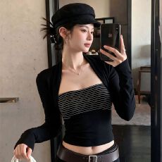 批发人棉260克 秋冬条纹打底衫内搭假两件长袖T恤女短上衣 早秋<b class='q'>新款</b>