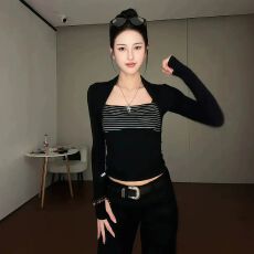 批发人棉260克 秋冬条纹打底衫内搭假两件长袖T恤女短上衣 秋款上新