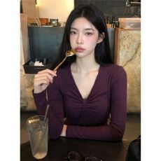 批发韩系 V领修身显瘦打底衫上衣纯欲风气质百搭 秋季新品 ins风