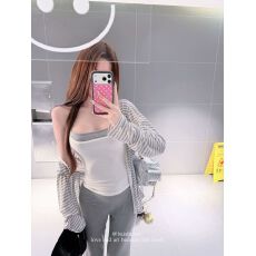 批发灰白条纹开衫女装秋季慵懒套装撞色假两件吊带背心两件套 上新款