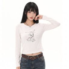 批发雪花棉松弛感小鹿印花长袖<b class='q'>T</b>恤女早秋季<b class='q'>白色</b>圆领修身显瘦内搭上衣