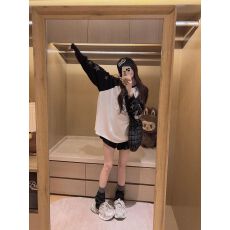 批发精棉慵懒风长袖撞色<b class='q'>T</b>恤上衣女秋季设计感星星烫钻宽松休闲打底衫
