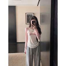 批发羊绒小众撞色印花长袖T恤女早秋宽松显瘦休闲慵懒风气质百搭上衣