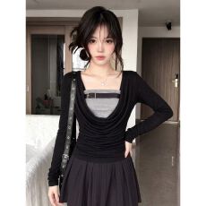批发韩系假两件长袖<b class='q'>T</b><b class='q'>恤</b>女早秋季精致气质小众修身显瘦上衣 秋冬新款