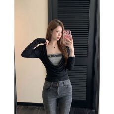 批发韩系长袖<b class='q'>T</b><b class='q'>恤</b>黑色荡领假两件女早秋辣妹显瘦高级感上衣 应季新款