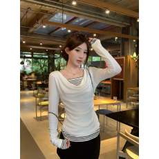 批发荡领条纹假两件长袖<b class='q'>t</b><b class='q'>恤</b>女潮 2026秋季新款 法式 韩系 垂感 百搭