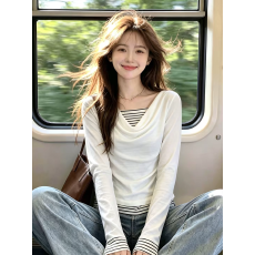 批发荡领条纹假两件长袖<b class='q'>t</b><b class='q'>恤</b>女潮 2026冬季新款 简约风 复古风 巨显瘦