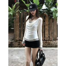批发荡领条纹假两件长袖<b class='q'>t</b><b class='q'>恤</b>女潮 2026春夏新款 甜美风 慵懒风 巨显瘦