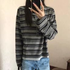 批发韩系复古条纹假两件长袖<b class='q'>t</b><b class='q'>恤</b>女 秋冬新款 法式 简约风 收腰 高腰