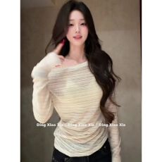 批发韩系条纹斜肩<b class='q'>T</b><b class='q'>恤</b>女夏季松弛感纯欲风宽松显瘦长袖 应季新款 优雅