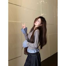 批发休闲复古假两件长袖圆领格纹<b class='q'>T</b><b class='q'>恤</b>女秋季修身显瘦上衣 秋冬新款