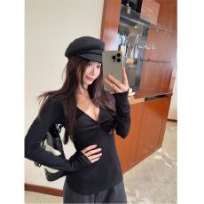 批发纯欲风V领扭结褶皱正肩长袖<b class='q'>T</b><b class='q'>恤</b>女冬季修身显瘦打底衫 秋款上新
