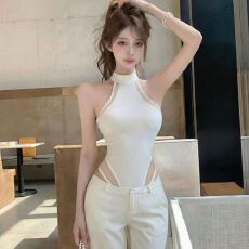 批发人棉拼接网纱带胸垫 无袖挂脖吊带背心夏季网纱<b class='q'>修身</b>连体衣 优雅
