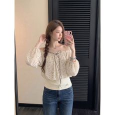 甜美辣妹波点一字肩长袖t恤女秋季新款百搭修身显瘦系带露肩上衣