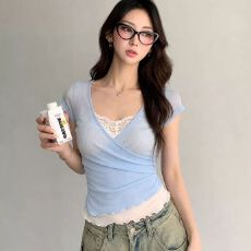 批发韩系辣妹T恤夏季假两件蕾丝<b class='q'>网纱</b>假两件显瘦修身百搭短袖女装<b class='q'>上衣</b>