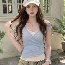 批发韩式假两件<b class='q'>蕾丝拼接</b>网纱短袖T恤女装夏季修身显瘦时尚辣妹小上衣