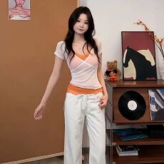 批发辣妹风假两件V领短袖T恤女装2026夏季修身显瘦叠穿<b class='q'>蕾丝拼接</b>小上