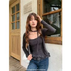 批发韩系长袖开衫外套女<b class='q'>秋</b>季甜美荷叶边波点内搭吊带上衣 上新款
