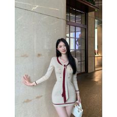 批发小香风飘带长袖针织<b class='q'>连衣裙</b>女秋季修身包臀裙收腰短裙 早秋新款