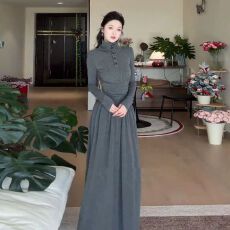 批发早秋韩系学院风<b class='q'>连衣裙</b>女秋冬复古立领A字裙修身显瘦打底灰长裙子