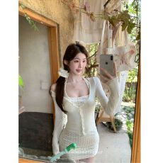 批发薄款长袖开衫外套女秋季内搭波点挂脖<b class='q'>连衣裙</b>两件套 上新款 ins风