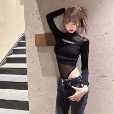 批发<b class='q'>网纱</b>透视连体衣小众设计夜店辣妹性感半高领T恤<b class='q'>上衣</b>女 秋冬新款
