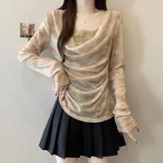 批发<b class='q'>蕾丝拼接</b>长袖荡领T恤上衣修身显瘦气质薄款 初秋上新 轻熟风