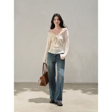 批发V领<b class='q'>蕾丝拼接</b>长袖T恤女2026年秋季新款小众立花设计上衣 应季新款