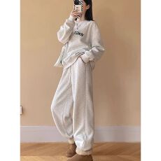 批发白灰色加厚绒束脚运动裤<b class='q'>女</b>装冬季新款小个子保暖棉裤宽松休闲卫