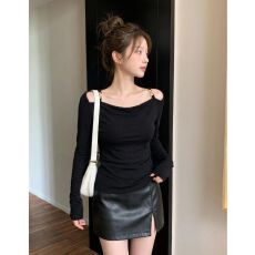 秋季新款荡领露肩设计感修身显瘦上衣洋气长袖T恤女装 当季热卖