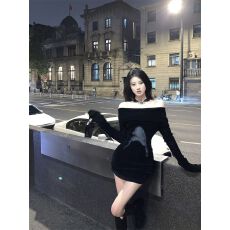 批发已出货 罗纹 一字肩<b class='q'>连衣裙</b>女百搭修身显瘦包臀裙子 秋款上新