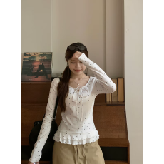 批发支精棉210克 白色木耳边波点韩系长袖T恤女 上新款 <b class='q'>甜美</b>风 优雅