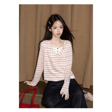 批发温柔<b class='q'>甜美</b>撞色条纹假两件拼接圆领百搭上衣 秋季新品 洋气 减龄