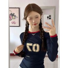 批发已出货 罗纹 字母印花修身撞色条杠长袖T恤女 上新款 <b class='q'>甜美</b>风