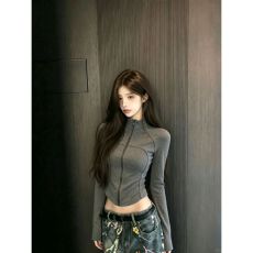 批发时尚显瘦立领打底衫T恤开衫秋<b class='q'>冬</b>新款 秋款上新 纯欲风 辣妹风