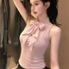 批发纯欲温柔风粉色蝴蝶结无袖背心女装2026秋季韩系修身显瘦气质上